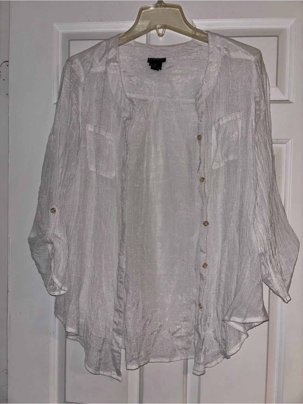 new directions White Semi-Sheer Button-Down Shirt with Roll-Tab Sleeves